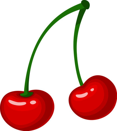 Two shiny red cherries are depicted hanging from their green stems against a pristine white backdrop, showcasing the vibrant colors and inviting freshness of the fruitのイラスト素材