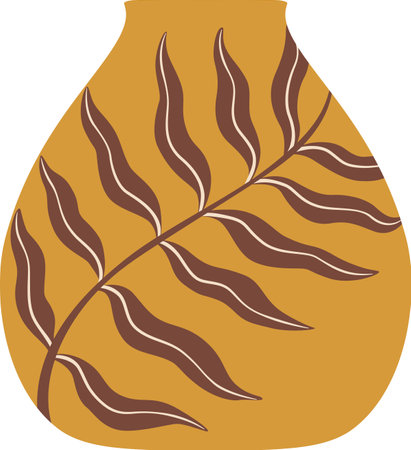 Modern and minimalist yellow vase with stylized brown leaf representing elegance, simplicity, and connection with nature, perfect for interior design and home decorのイラスト素材