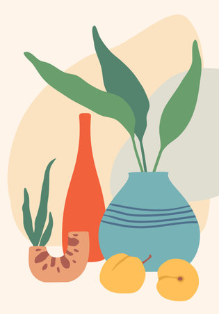 Modern and colorful still life composition featuring plants, vases and fruits over an abstract background, perfect for home decor, wall art and design projectsのイラスト素材