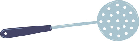 Cartoon illustration of a skimmer with a dark blue handle and a light blue perforated ladle, ideal for frying and serving food in the kitchenのイラスト素材