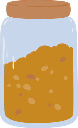 Crunchy peanut butter filling half of a glass jar with a wooden lid, featuring a simple vector illustration set against a clean white background, emphasizing its delicious, nutty appealのイラスト素材