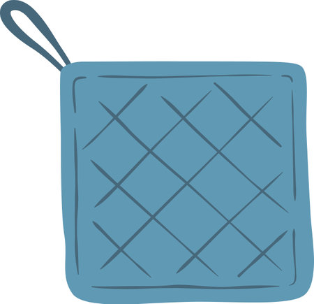 Simple vector illustration of a blue quilted pot holder with hanging loop, isolated on a white background, representing kitchen and cooking conceptsのイラスト素材