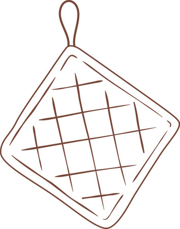 Simple brown line drawing featuring a hanging quilted pot holder with a checkered pattern, designed for protecting hands from heat, isolated against a clean white backgroundのイラスト素材