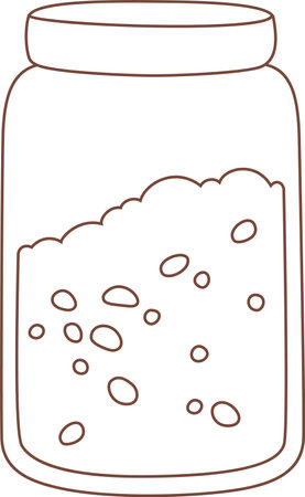 Simple brown line drawing representing a closed transparent jar containing a grainy substance with small irregular pieces, isolated on a white backgroundのイラスト素材