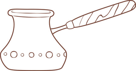 Brown line drawing of a cezve with a long wooden handle, decorated with small circles, used for preparing turkish coffee, representing turkish culture and coffee brewing traditionsのイラスト素材