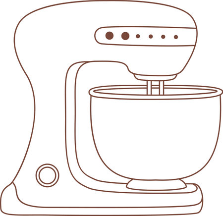 Simple brown line drawing featuring a stand mixer in action, blending ingredients for delicious recipes. Perfect for use in cookbooks, cooking websites, or kitchen themed graphicsのイラスト素材