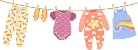 Baby clothes hanging on a clothesline are drying in the sunlight, featuring charming patterns of carrots, hearts, clouds, and a vibrant rainbow, adding a playful touch to any nurseryのイラスト素材