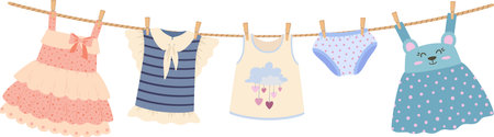 Clean baby clothes hanging on a clothesline, drying in the warm sunlight. The collection features dresses, a shirt, a tank top, and adorable panties, creating a charming sceneのイラスト素材