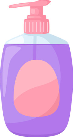 Purple plastic dispenser bottle is depicted, containing liquid soap, featuring a pink dispenser pump and a blank pink label, ideal for showcasing branding or product informationのイラスト素材