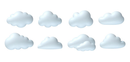 3d clouds. Realistic white cloud in soft inflation plastic shape with blue reflection. Plasticine 3d weather cloudy icons in cartoon render style. Vector rounded cumulus icons.のイラスト素材
