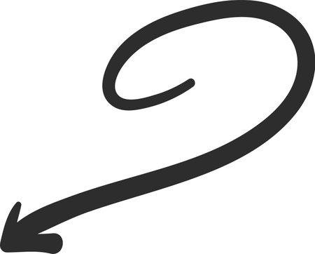 Simple, thick, hand drawn arrow pointing down and making a loop, isolated on a white background, ideal for educational or business presentationsのイラスト素材