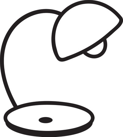 Minimalist line art depicting a stylish desk lamp with a curved arm and circular base, emitting a focused beam of light, perfect for enhancing productivity in a workspaceのイラスト素材
