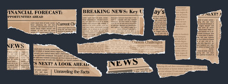 Torn newspaper. Old newspapers clipping set. Vintage paper pieces with jagged edges. Torn paper...