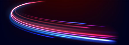 Speed line background. Glowing color speed lines, curves car trail with motion blurred light effect. Neon colored race on night road, speedway. Blue and red wavy paths. Vector concept.のイラスト素材
