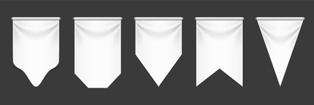 White pennant flags. 3D blank vertical textile banners. Medieval heraldic empty cotton fabric ensign templates. Realistic vector mockups for advertising.のイラスト素材