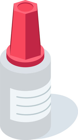 Isometric vector illustration of a glue bottle featuring a red hexagonal cap, blank label, and a subtle shadow, ideal for crafting, stationery, or DIY project visualsのイラスト素材