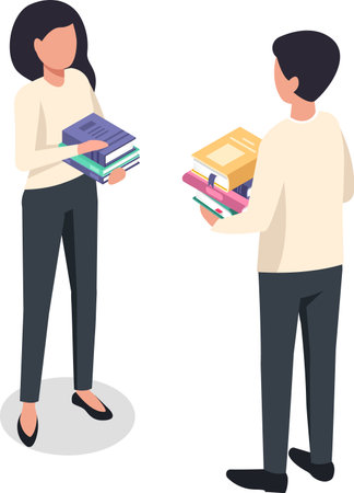 Two office workers are exchanging books, holding piles of colorful volumes in their hands, suggesting collaboration and knowledge sharing within a professional settingのイラスト素材