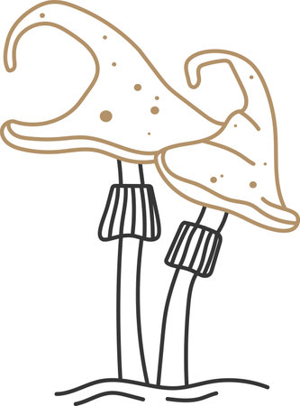 Minimalist vector illustration of two stylized mushrooms with long stems and spotted caps, growing from the ground, evoking a simple and natural aestheticのイラスト素材
