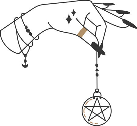 Elegant female hand with black nails and jewelry holding a pendulum with a pentagram, divination esoteric magic, spirituality and occultismのイラスト素材