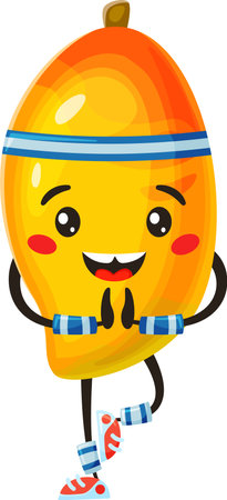Cheerful mango wearing a headband and lifting weights practices yoga with a joyful smile, embodying the essence of a healthy, active lifestyle and promoting wellness and fitnessのイラスト素材