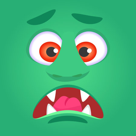 Funny cartoon monster face showing fear with open mouth, red eyes and furrowed brows, ideal for halloween projects or children illustrationsのイラスト素材