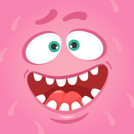 Cartoon vector illustration of a pink furry silly monster face with big green eyes, wide open mouth, showing tongue and laughing, suitable for Halloween designs or children book illustrationsのイラスト素材