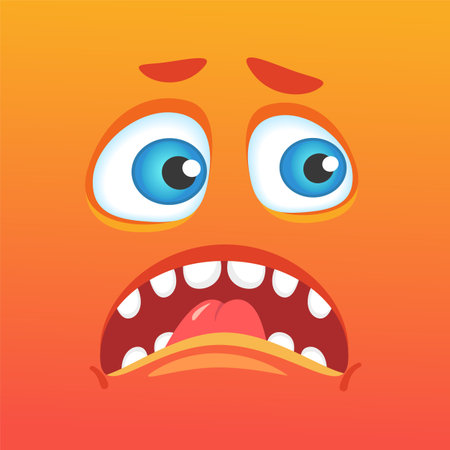 Orange monster face featuring large blue eyes, an open mouth, and a tongue sticking out, expressing a comically scared look, ideal for Halloween themed projects and designsのイラスト素材