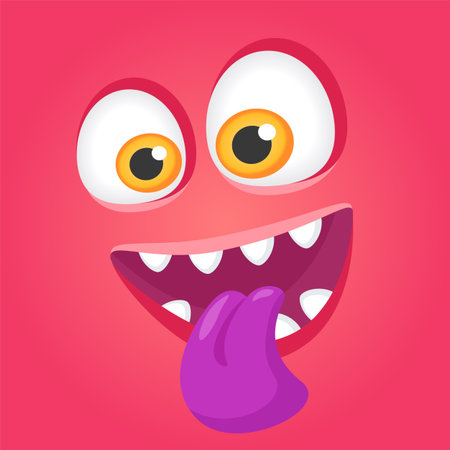 Cartoon illustration featuring a playful pink monster with oversized eyes and sharp teeth, playfully sticking out its vibrant purple tongue against a matching pink backgroundのイラスト素材