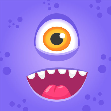 Cartoon illustration of a funny purple monster with one big yellow eye and a wide open mouth, showing its tongue sticking out on a purple background with circles..のイラスト素材