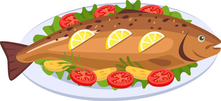 Grilled fish is served on white plate decorated with lemon slices. Potato wedges. Tomato slices. Rosemary sprigs and lettuce leaves. Creating a visually appealing and delicious culinary presentationのイラスト素材