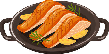 Three delicious grilled salmon fillets seasoned with garlic cloves and rosemary sprigs, served in a black pan, representing a healthy and flavorful mealのイラスト素材