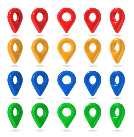 3d map pin. Multi colored plastic map push pins, red and blue, yellow and green point markers in different positions. Place position pointers vector GPS location icons.のイラスト素材