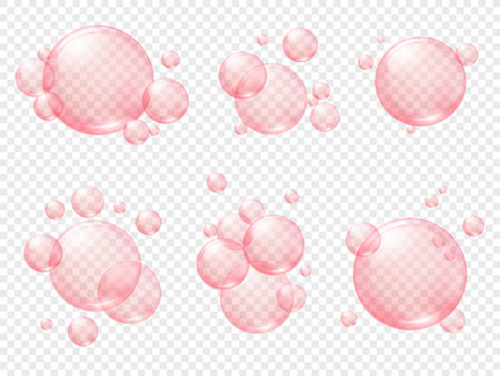 Pink collagen serum or soap bubbles. Cosmetic skincare essence, vitamin or moisture drops. Pink transparent spheres, chewing bubble gum balls. 3D realistic vector set.のイラスト素材