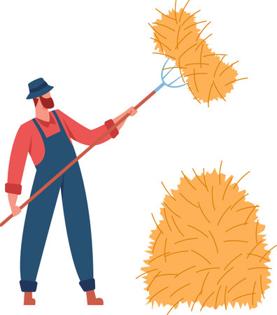 Farmer wearing overalls and a hat, using a pitchfork to gather hay and create a haystack on the farm during the busy harvesting season in the countrysideのイラスト素材