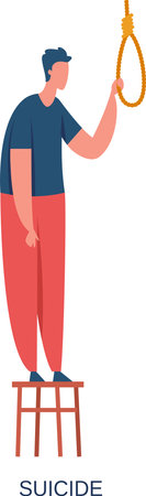 Depressed man standing on a chair, holding a noose, contemplating suicide while grappling with mental health issues. Highlighting the urgent need for awareness and support in crisis situationsのイラスト素材