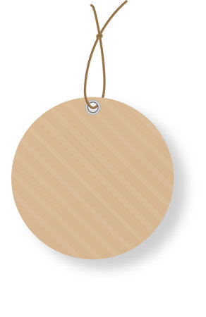 Round cardboard label hanging with brown string on white background, ideal for sales, promotions, and discounts, perfect for showcasing products and brands with a rustic and natural feelのイラスト素材