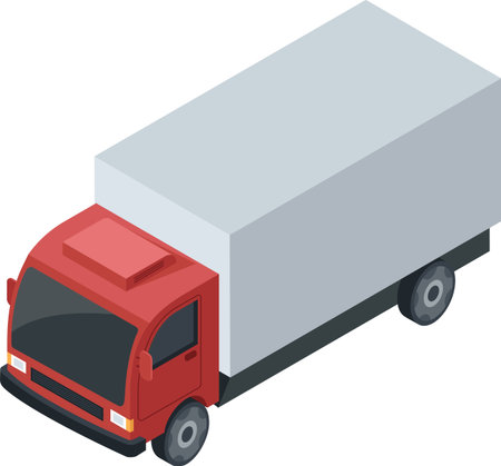 Red delivery truck transporting merchandise, illustrating concepts of logistics, shipping, and freight transportation in an isometric perspectiveのイラスト素材