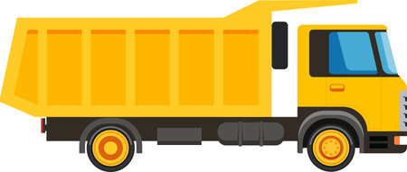 Yellow dumper truck transporting sand and gravel on a construction site, showcasing industrial machinery for material transport in civil engineering and miningのイラスト素材