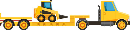 Yellow truck transporting heavy machinery on a lowboy trailer, illustrating essential construction logistics and efficient equipment transportation for various industrial applicationsのイラスト素材