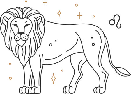 Minimalist line art illustration featuring a proud lion with flowing mane and tail, surrounded by golden stars and crosses, symbolizing strength and leadershipのイラスト素材