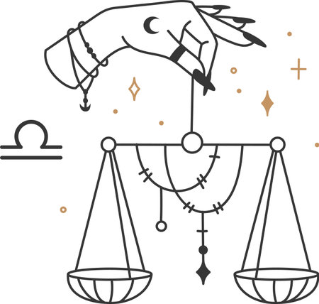 Libra zodiac sign featuring scales adorned with stitches, a hand with black nails and a moon tattoo elegantly holding the scales, surrounded by stars in a detailed vector illustrationのイラスト素材