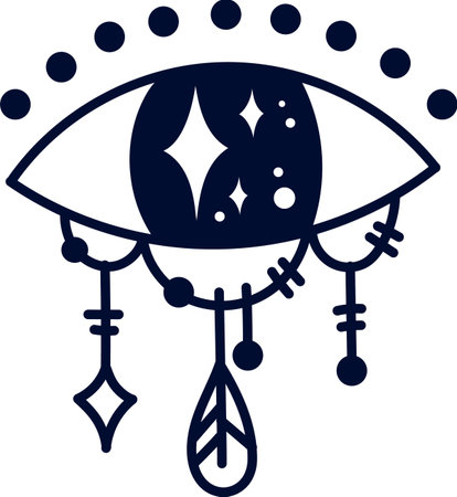 Stylized eye featuring a feather pendant, radiating cosmic energy and embodying themes of spirituality, intuition, and connection to higher realms and consciousnessのイラスト素材