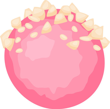 Round pink candy coated with white chocolate chips delivers a delightful and visually enticing confectionery experience, perfect for indulging in sweetness and joyのイラスト素材