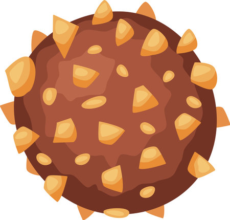 Round chocolate candy with caramel pieces and spikes rotating on white background, creating a delicious and visually appealing treat for candy loversのイラスト素材