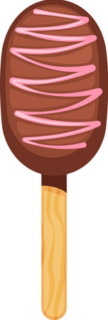 Indulging in a delicious chocolate cake pop featuring pink icing stripes on a wooden stick, presenting a visually appealing and sweet treat perfect for any celebrationのイラスト素材