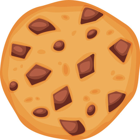 Round baked chocolate chip cookie presenting irregular chocolate chips spread on a golden brown dough, offering a sweet and tempting treat for dessert or snackのイラスト素材