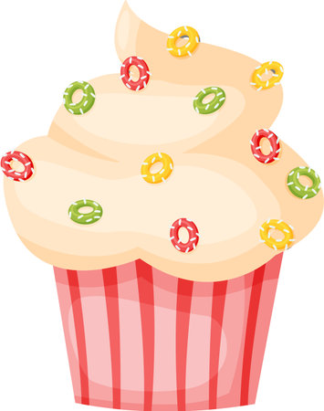Swirling creamy vanilla frosting atop a cupcake, decorated with vibrant cereal rings, creates a delightful and visually enticing treat perfect for any celebration or festive occasionのイラスト素材