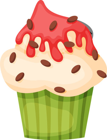 Creamy cupcake with green wrapping decorated with rich strawberry icing dripping down the sides and sprinkled with chocolate chips, creating a tempting sweet treatのイラスト素材