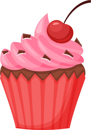 Delightful pink cupcake topped with rich chocolate chips and a bright cherry, offering a tempting and indulgent dessert perfect for celebrations and sweet momentsのイラスト素材