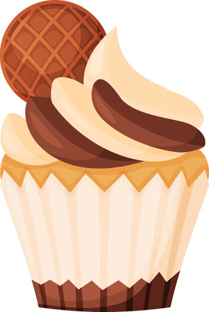 Creamy and rich chocolate and vanilla frosting swirls atop a freshly baked cupcake, garnished with a crispy waffle, creating a tempting treat for dessert loversのイラスト素材